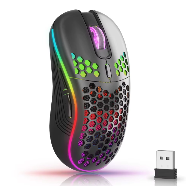 2.4G Wireless Mouse with RGB Backlit 6-Button 3-Speed DPI Type C Rechargeable Ergonomic Honeycomb Design Gaming Mouse